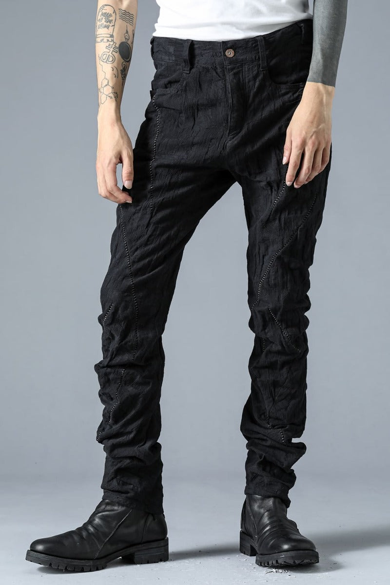 SCAB Patchwork Jacquard Stretch Cotton Overlock Twisted Curved Slim Pants Black