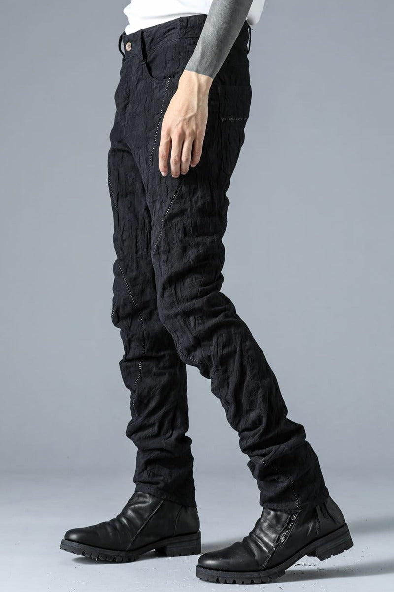 SCAB Patchwork Jacquard Stretch Cotton Overlock Twisted Curved Slim Pants Black