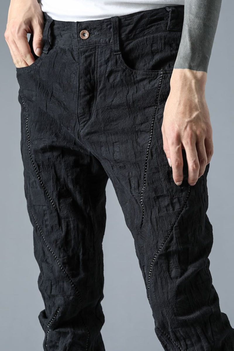 SCAB Patchwork Jacquard Stretch Cotton Overlock Twisted Curved Slim Pants Black