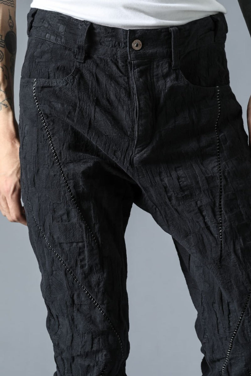 SCAB Patchwork Jacquard Stretch Cotton Overlock Twisted Curved Slim Pants Black