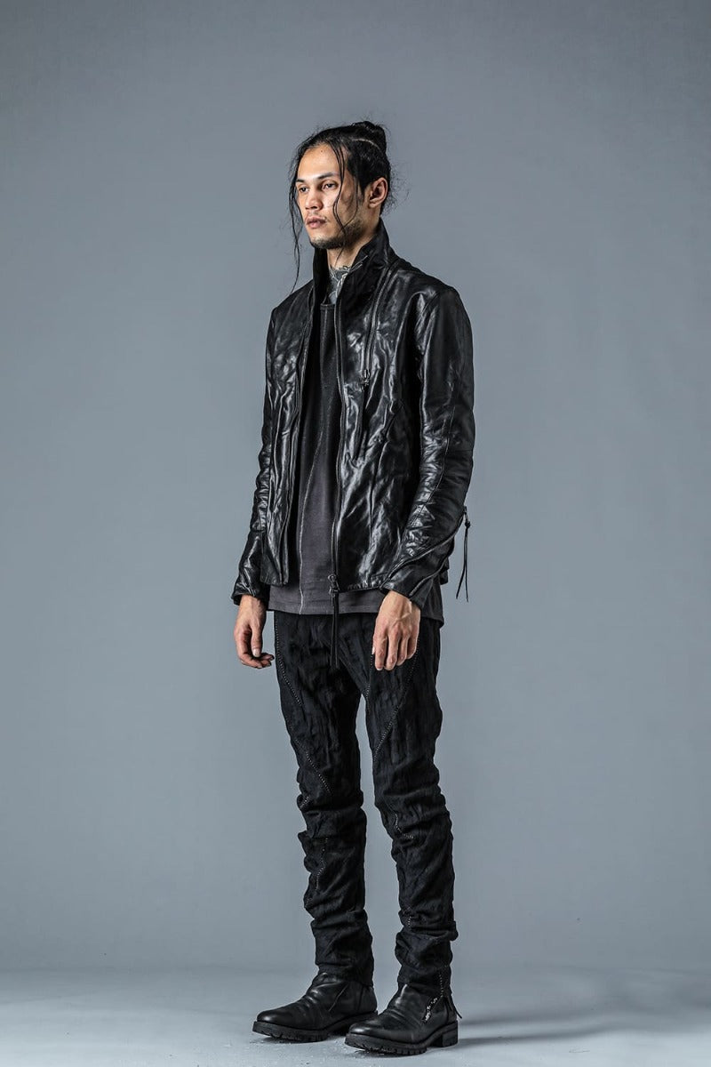 SCAB Patchwork Jacquard Stretch Cotton Overlock Twisted Curved Slim Pants Black