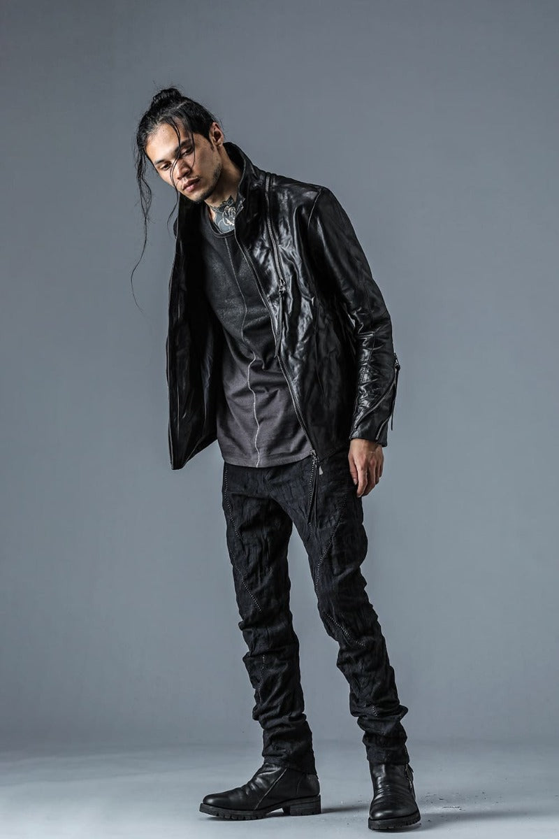 SCAB Patchwork Jacquard Stretch Cotton Overlock Twisted Curved Slim Pants Black