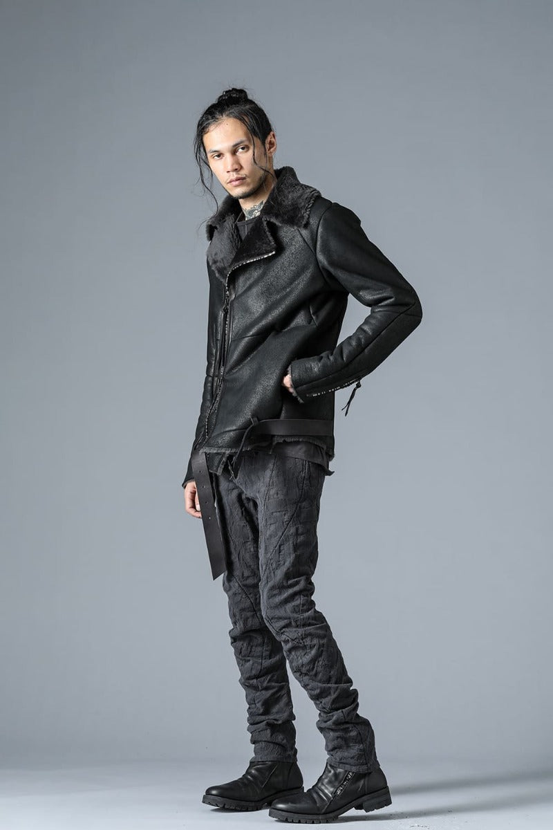 SCAB Patchwork Jacquard Stretch Cotton Overlock Twisted Curved Slim Pants Charcoal