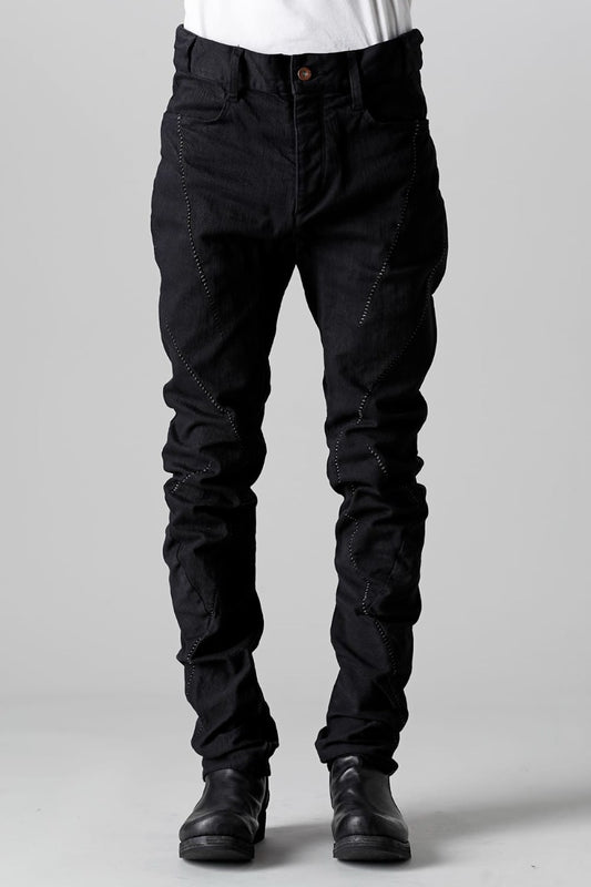 Hyper Stretch Cotton Denim Overlock Twist Curve Slim Trousers  Black