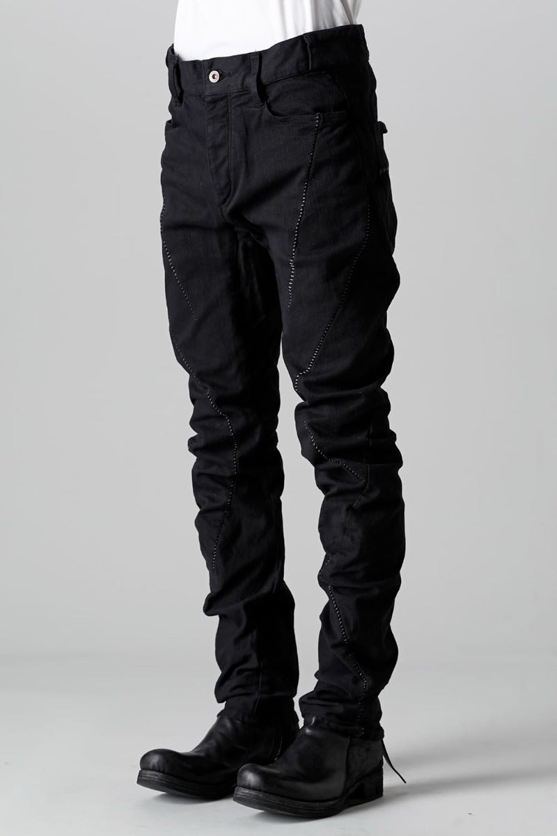 Hyper Stretch Cotton Denim Overlock Twist Curve Slim Trousers  Black