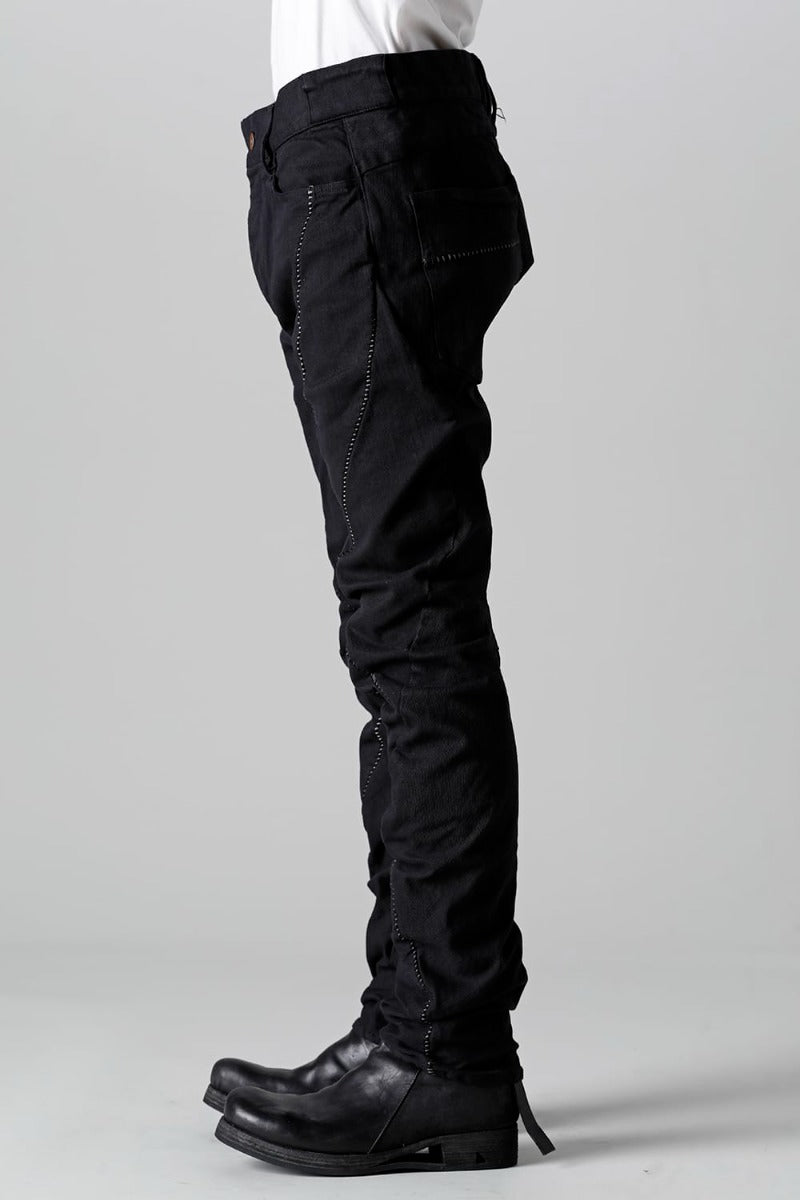 Hyper Stretch Cotton Denim Overlock Twist Curve Slim Trousers  Black