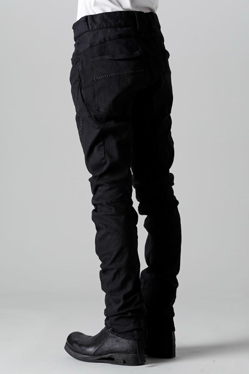 Hyper Stretch Cotton Denim Overlock Twist Curve Slim Trousers  Black