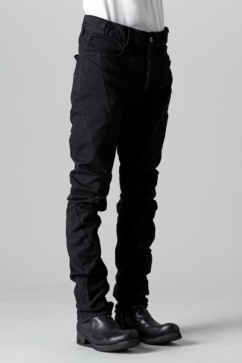 Hyper Stretch Cotton Denim Overlock Twist Curve Slim Trousers  Black