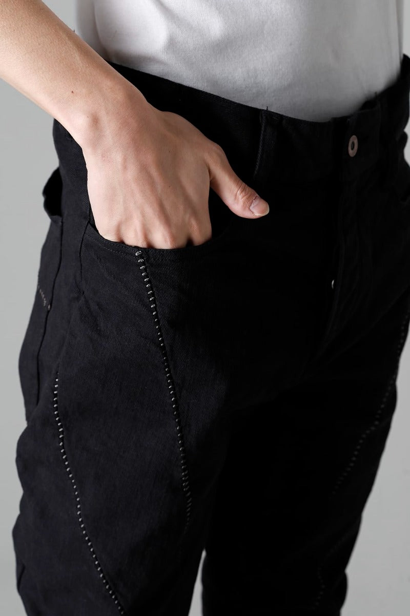 Hyper Stretch Cotton Denim Overlock Twist Curve Slim Trousers  Black