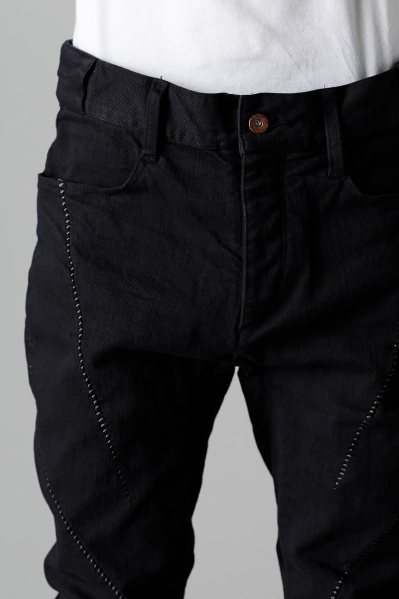 Hyper Stretch Cotton Denim Overlock Twist Curve Slim Trousers  Black