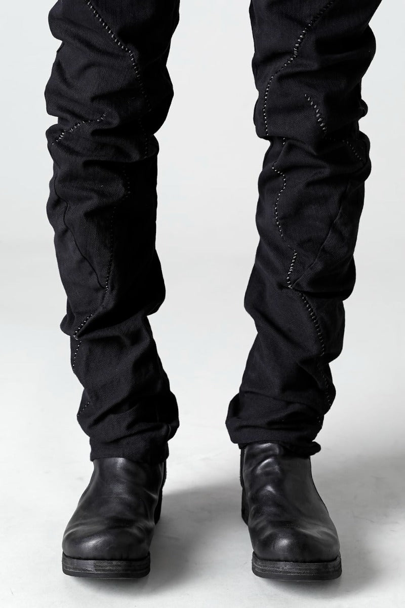 Hyper Stretch Cotton Denim Overlock Twist Curve Slim Trousers  Black