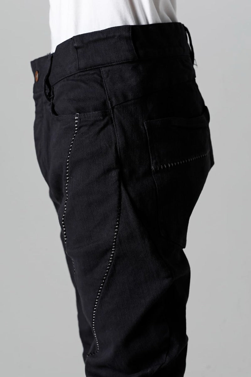 Hyper Stretch Cotton Denim Overlock Twist Curve Slim Trousers  Black