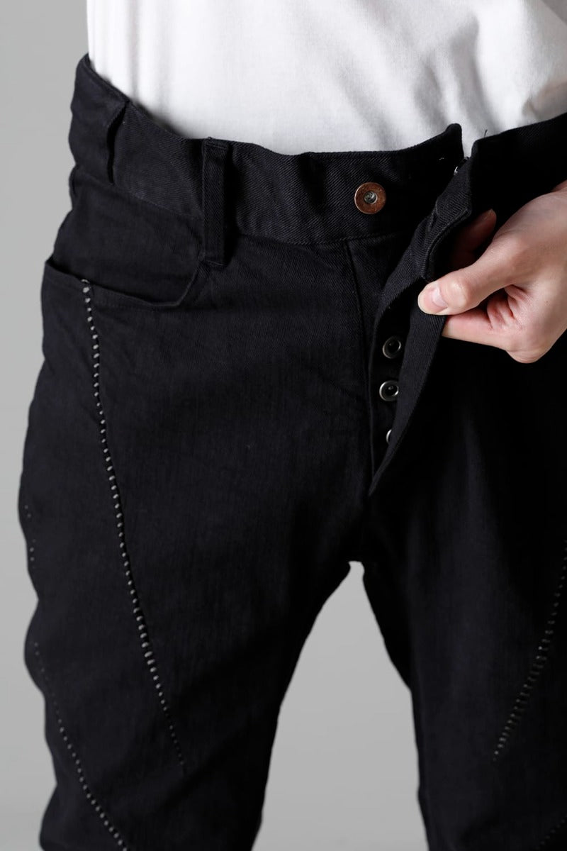 Hyper Stretch Cotton Denim Overlock Twist Curve Slim Trousers  Black