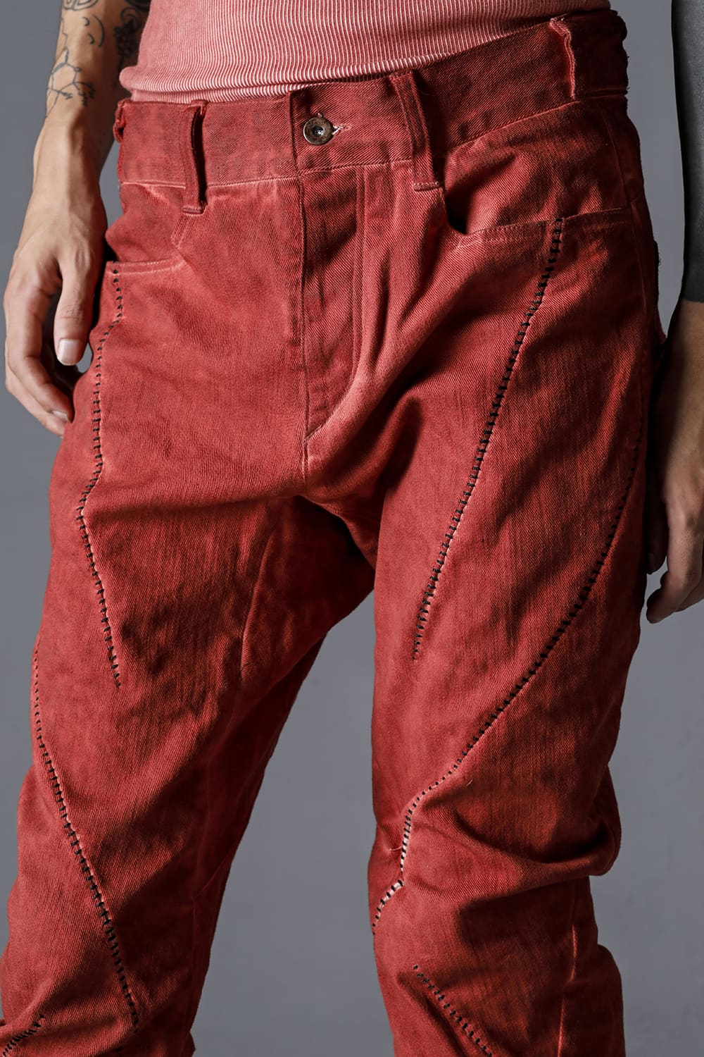 Hyper Stretch Cotton Denim Overlock Twist Curve Slim Trousers  Brick