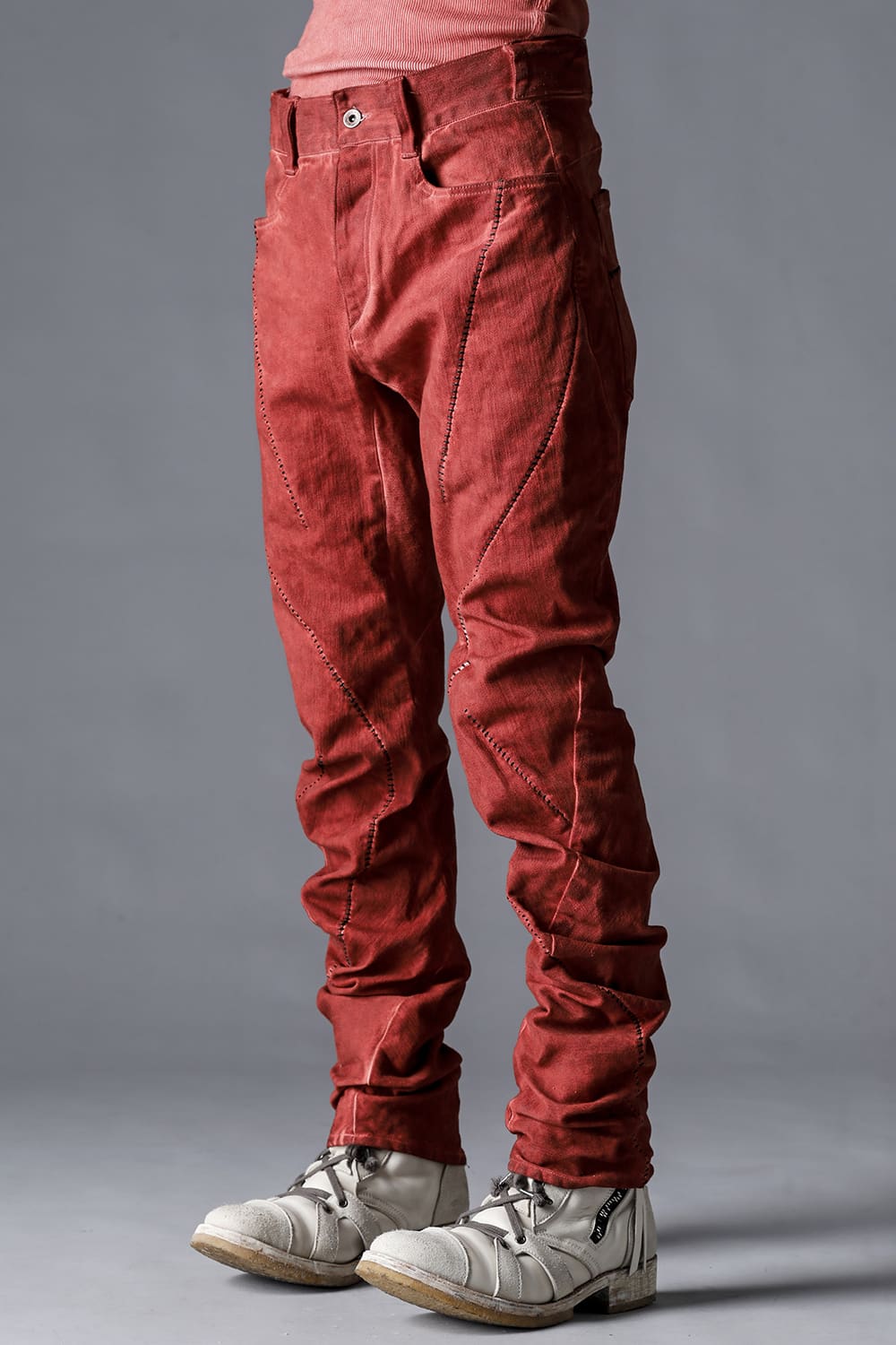 Hyper Stretch Cotton Denim Overlock Twist Curve Slim Trousers  Brick
