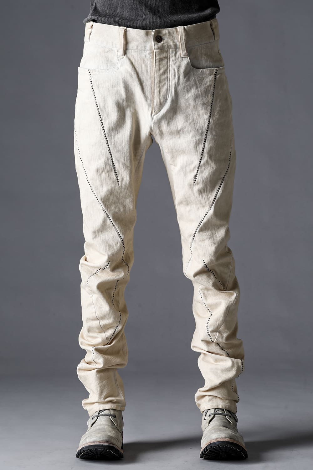 Hyper Stretch Cotton Denim Overlock Twist Curve Slim Trousers  Dusty White
