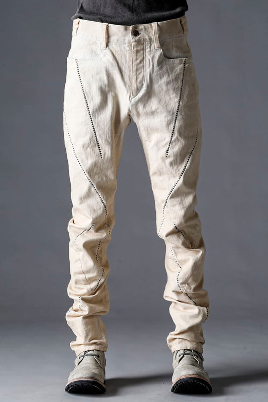 Hyper Stretch Cotton Denim Overlock Twist Curve Slim Trousers  Dusty White