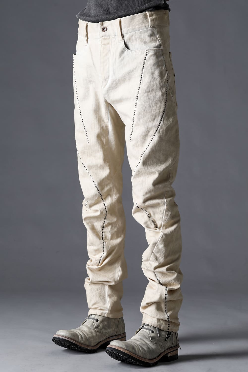 Hyper Stretch Cotton Denim Overlock Twist Curve Slim Trousers  Dusty White