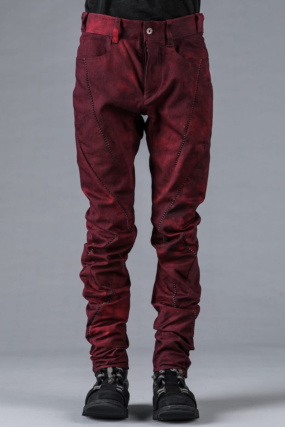 Stretch Denim Overlock Twist Curve Slim Pants Red