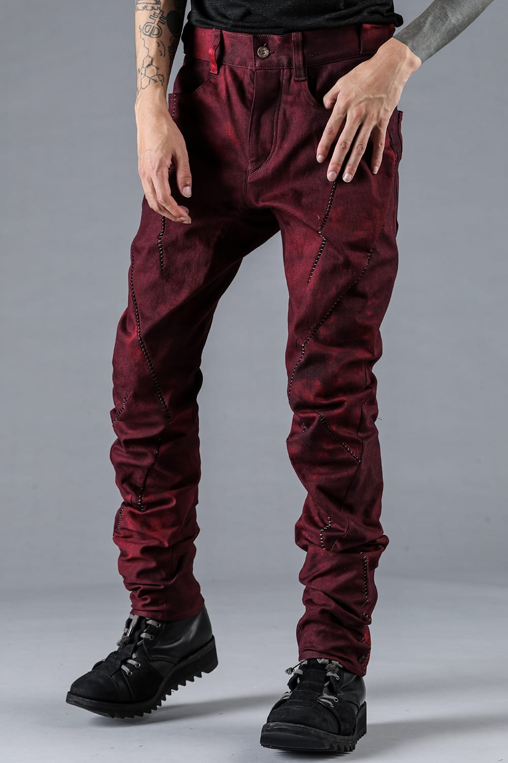 Stretch Denim Overlock Twist Curve Slim Pants Red