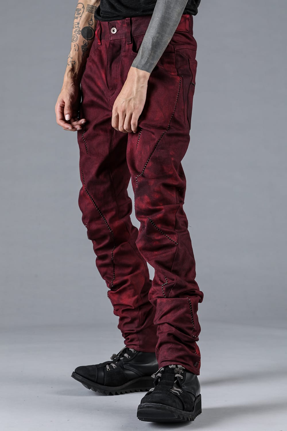 Stretch Denim Overlock Twist Curve Slim Pants Red