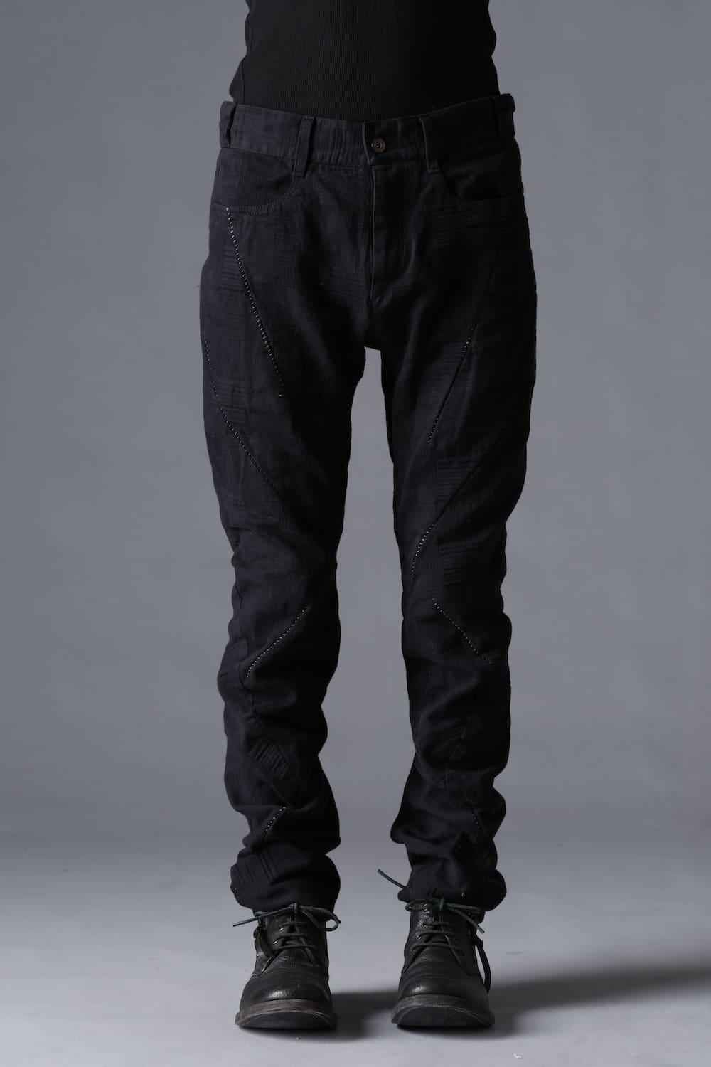 Patchwork Jacquard Stretch Cotton Overlock Twist Curve Slim Trousers  Charcoal