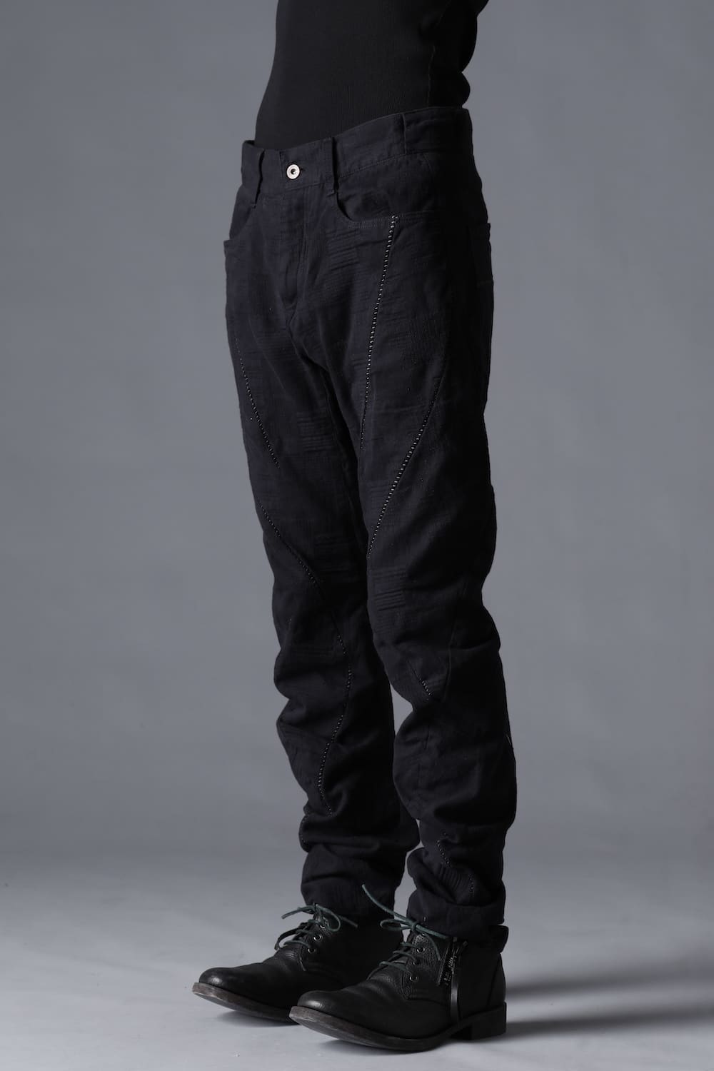 Patchwork Jacquard Stretch Cotton Overlock Twist Curve Slim Trousers  Charcoal