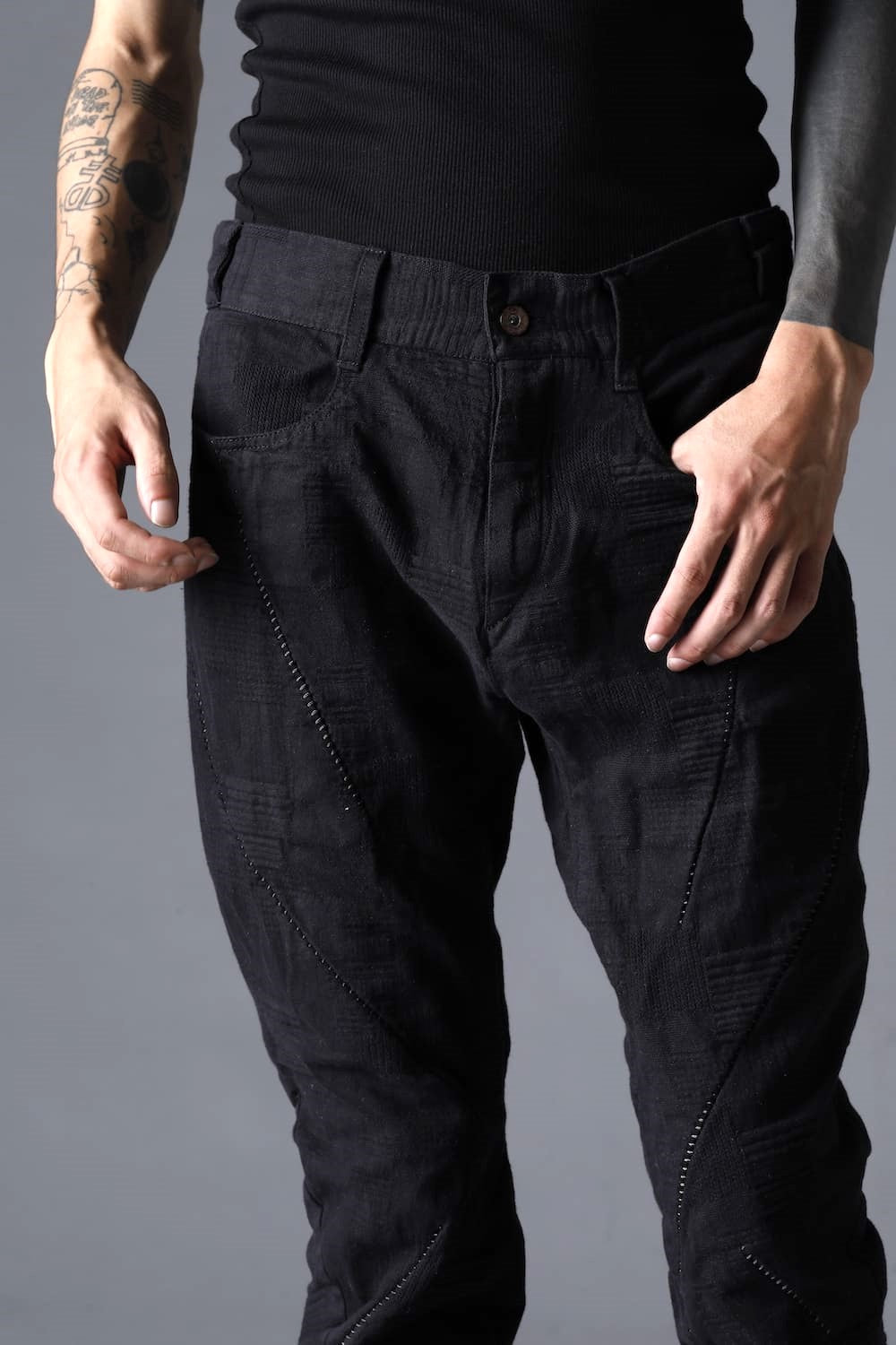 Patchwork Jacquard Stretch Cotton Overlock Twist Curve Slim Trousers  Dusty White