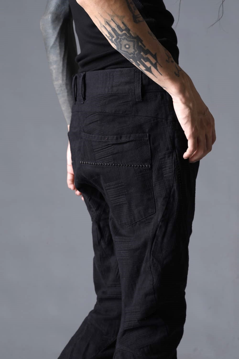 Patchwork Jacquard Stretch Cotton Overlock Twist Curve Slim Trousers  Black