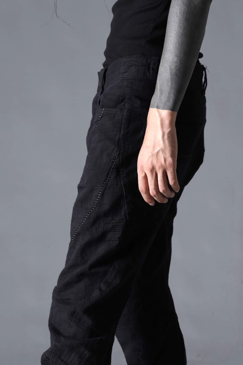 Patchwork Jacquard Stretch Cotton Overlock Twist Curve Slim Trousers  Black