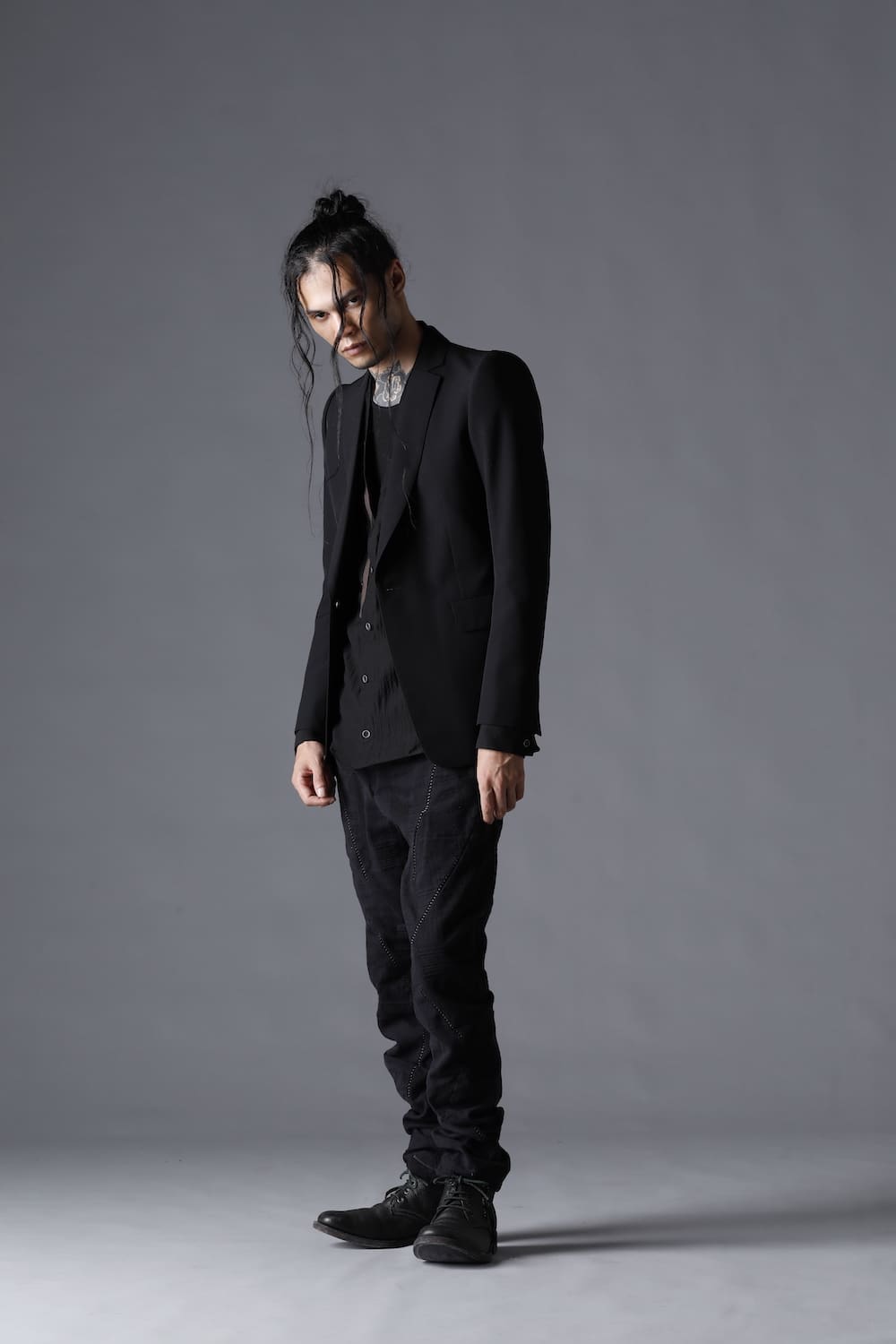 Patchwork Jacquard Stretch Cotton Overlock Twist Curve Slim Trousers  Black