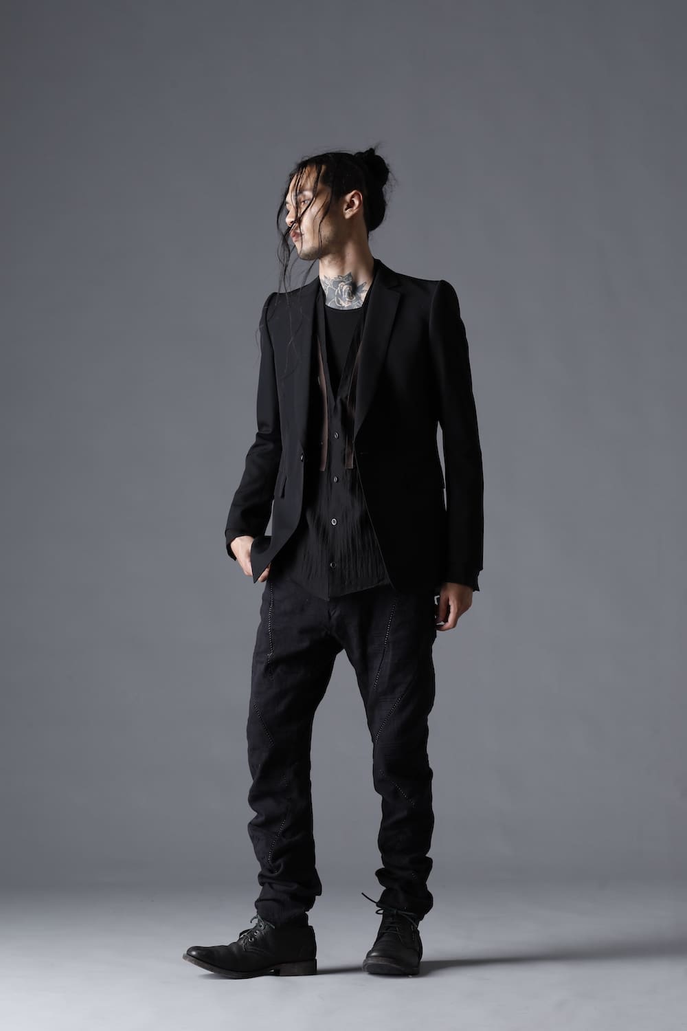 Patchwork Jacquard Stretch Cotton Overlock Twist Curve Slim Trousers  Black