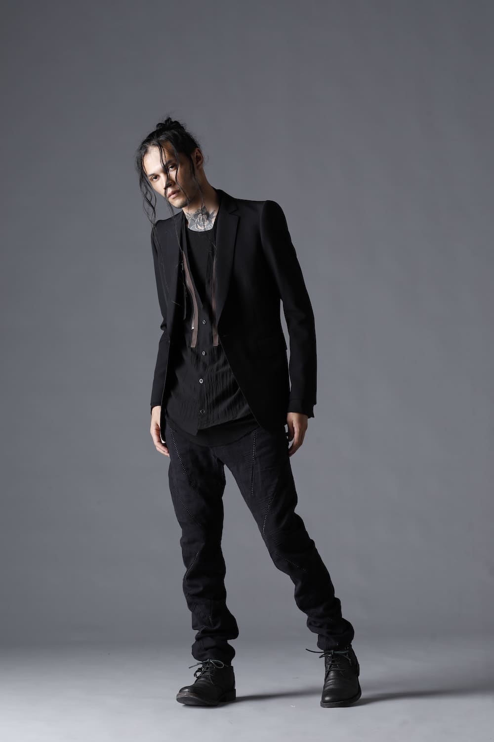 Patchwork Jacquard Stretch Cotton Overlock Twist Curve Slim Trousers  Black