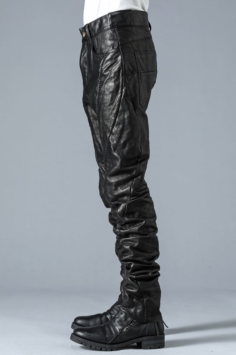 Soft Horse Leather Overlock Twisted Curved Slim Pants