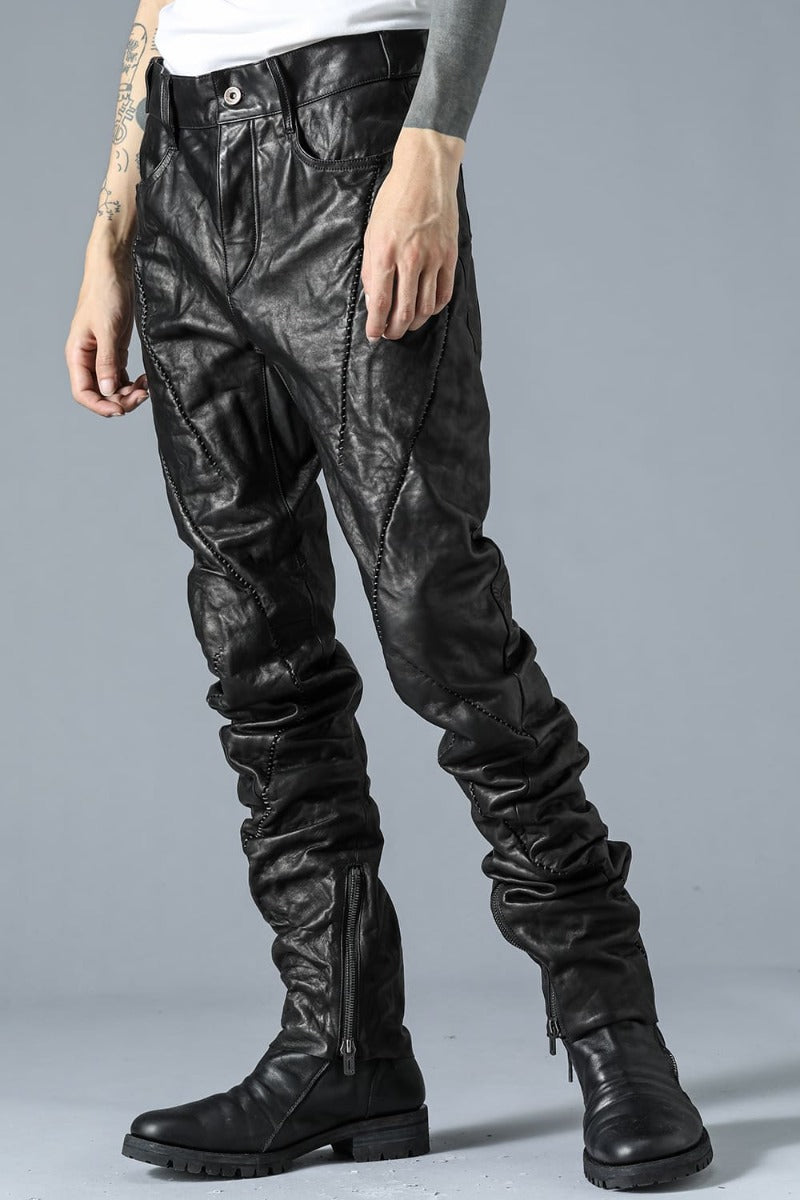 Soft Horse Leather Overlock Twisted Curved Slim Pants