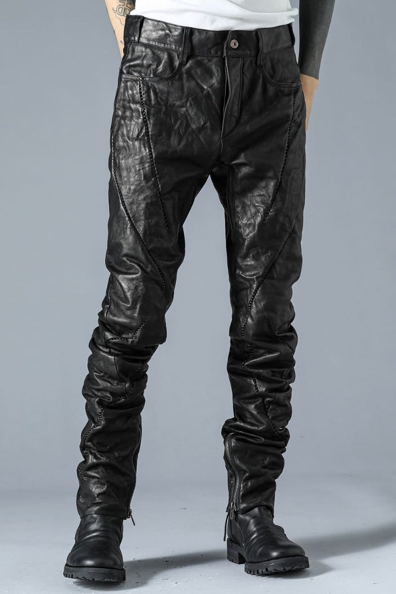 Soft Horse Leather Overlock Twisted Curved Slim Pants