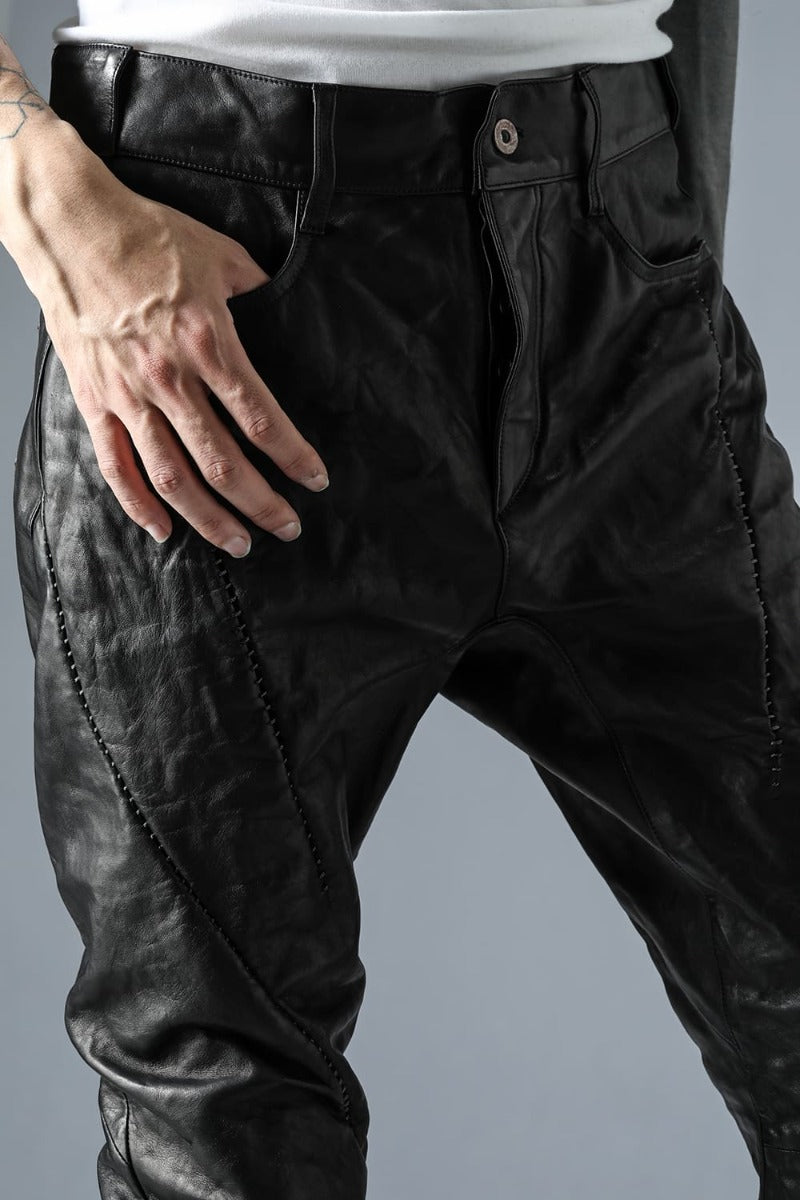 Soft Horse Leather Overlock Twisted Curved Slim Pants