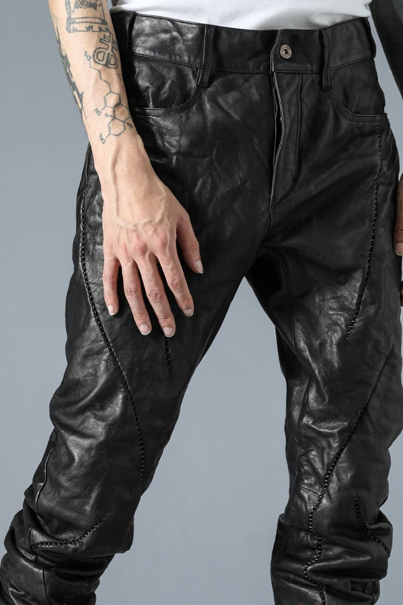 Soft Horse Leather Overlock Twisted Curved Slim Pants