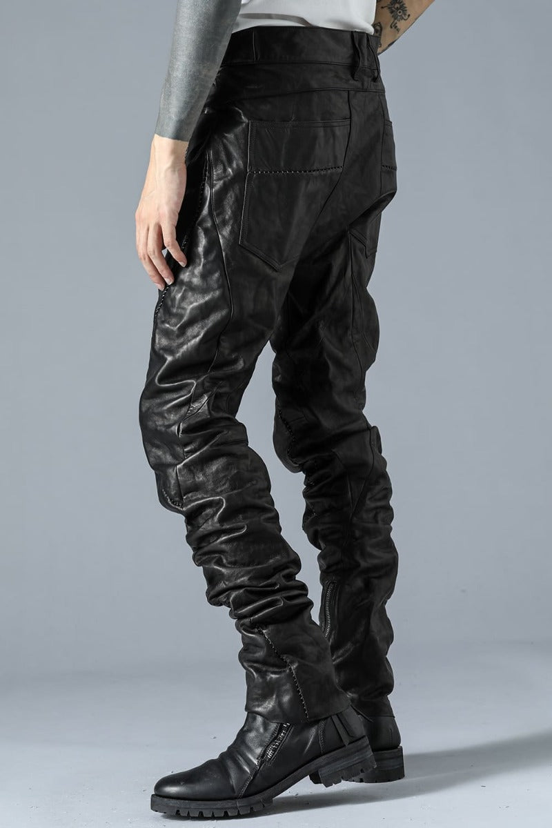 Soft Horse Leather Overlock Twisted Curved Slim Pants