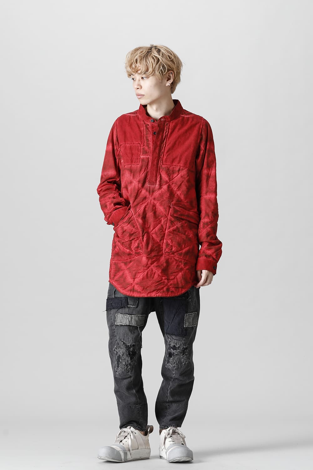 Damaged Repair Curve Tapered Drop Crotch Denim Pants