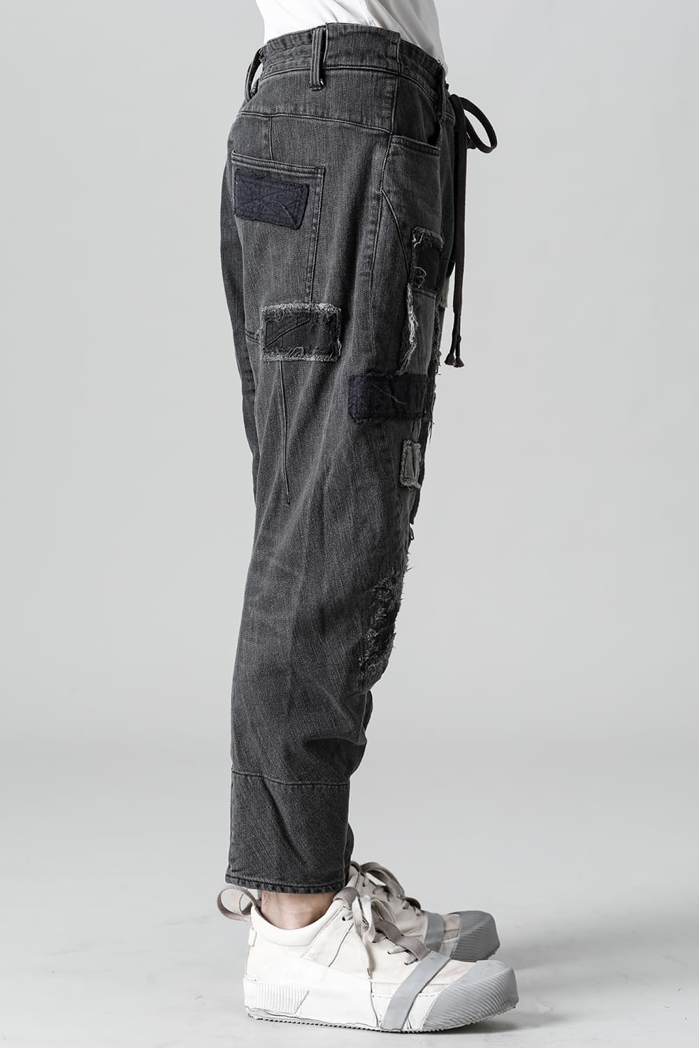Damaged Repair Curve Tapered Drop Crotch Denim Pants