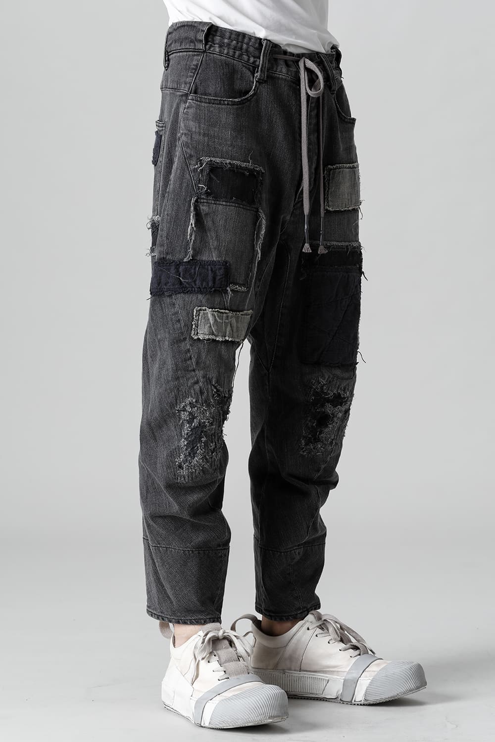 Damaged Repair Curve Tapered Drop Crotch Denim Pants