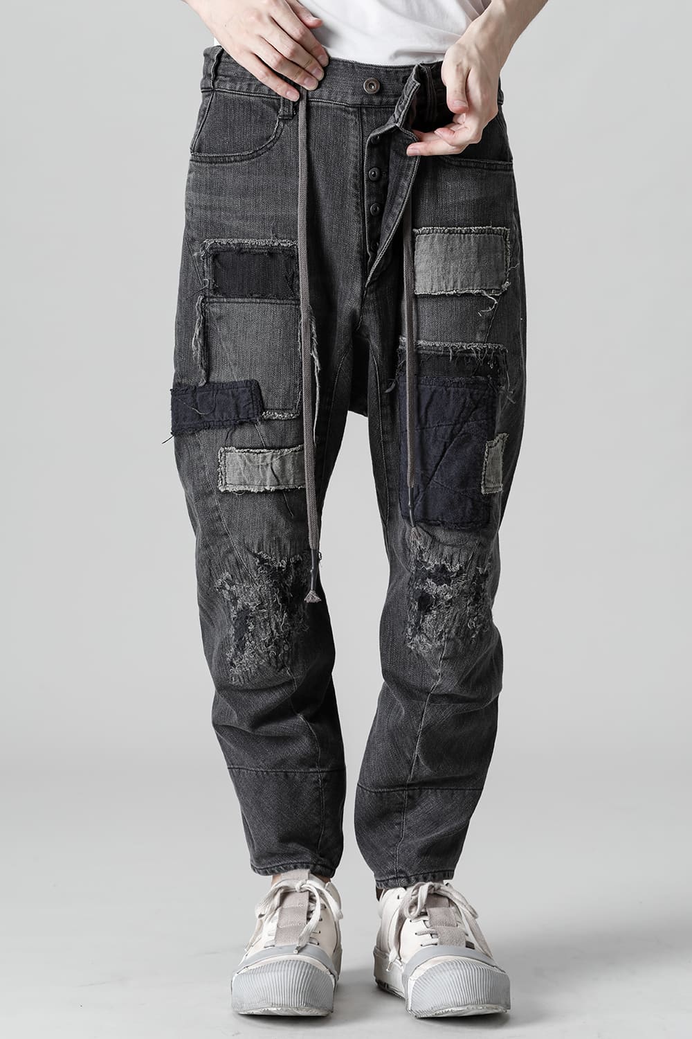 Damaged Repair Curve Tapered Drop Crotch Denim Pants
