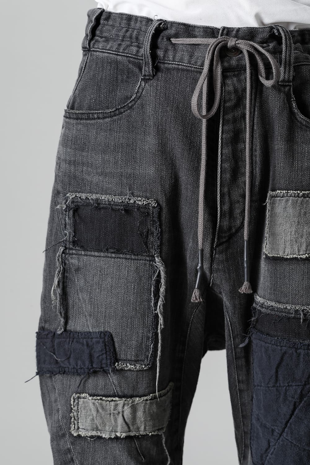 Damaged Repair Curve Tapered Drop Crotch Denim Pants
