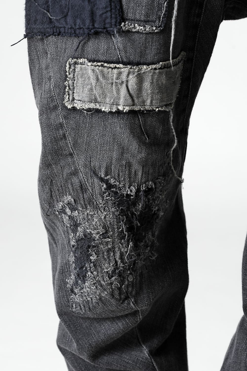 Damaged Repair Curve Tapered Drop Crotch Denim Pants