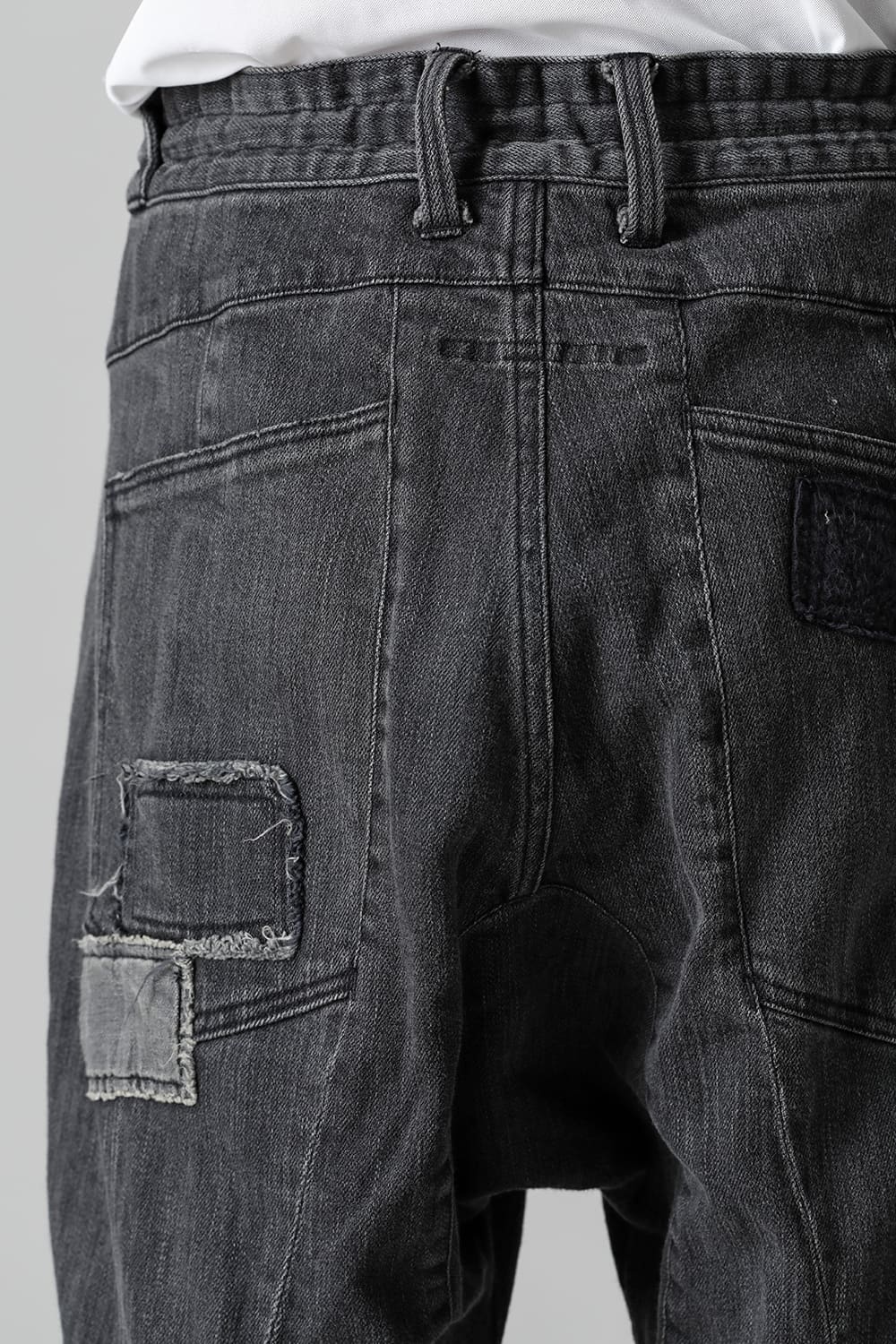 Damaged Repair Curve Tapered Drop Crotch Denim Pants