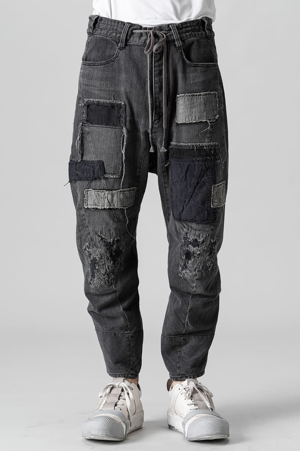 Damaged Repair Curve Tapered Drop Crotch Denim Pants