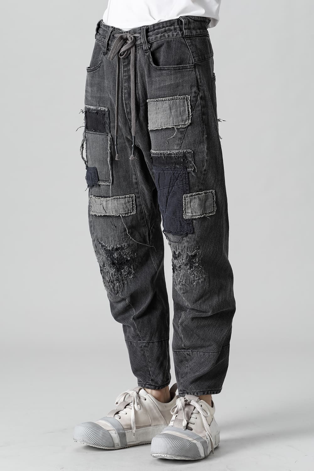 Damaged Repair Curve Tapered Drop Crotch Denim Pants