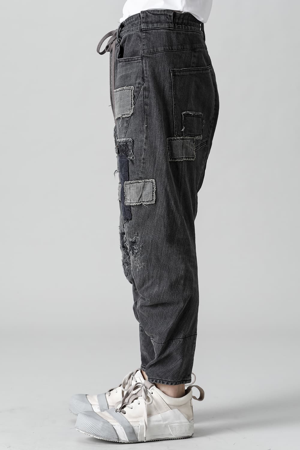Damaged Repair Curve Tapered Drop Crotch Denim Pants