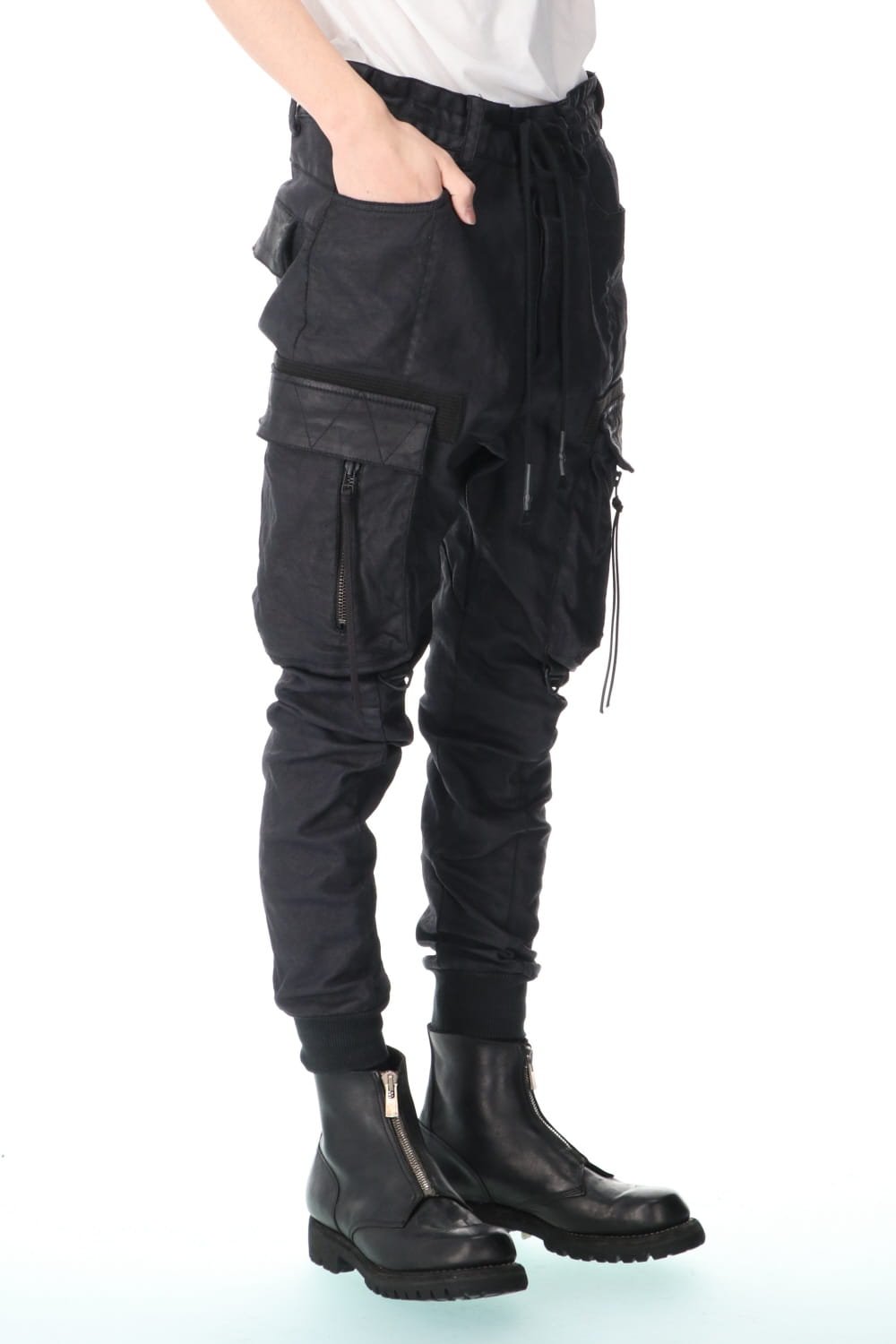 Carbon Coated Denim Drop Crotch Cargo Slim Pants